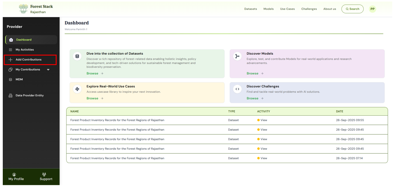 Clicking on Start adding Dataset